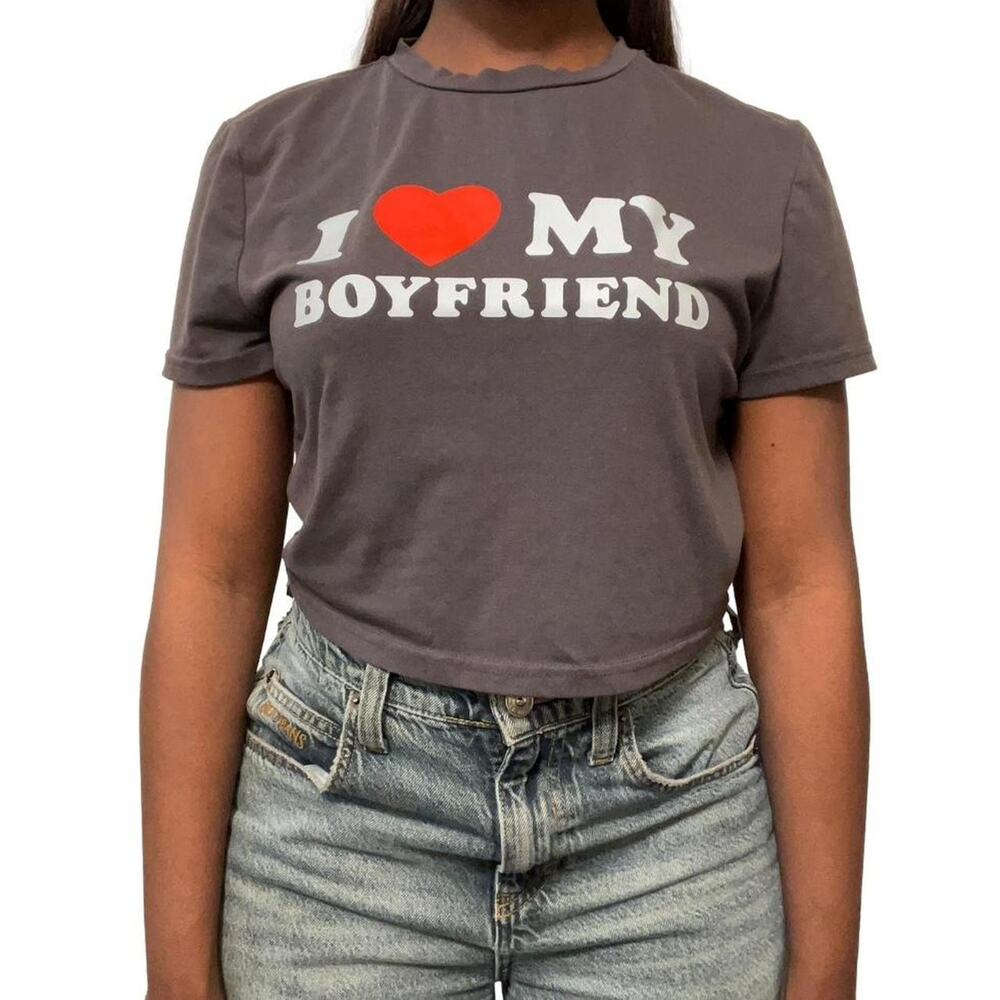 Grey "I Love My Boyfriend" Crop Top, Small